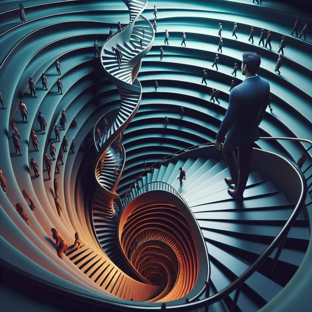 Man Climbs DNA Spiral Staircase in Surreal 3D Art