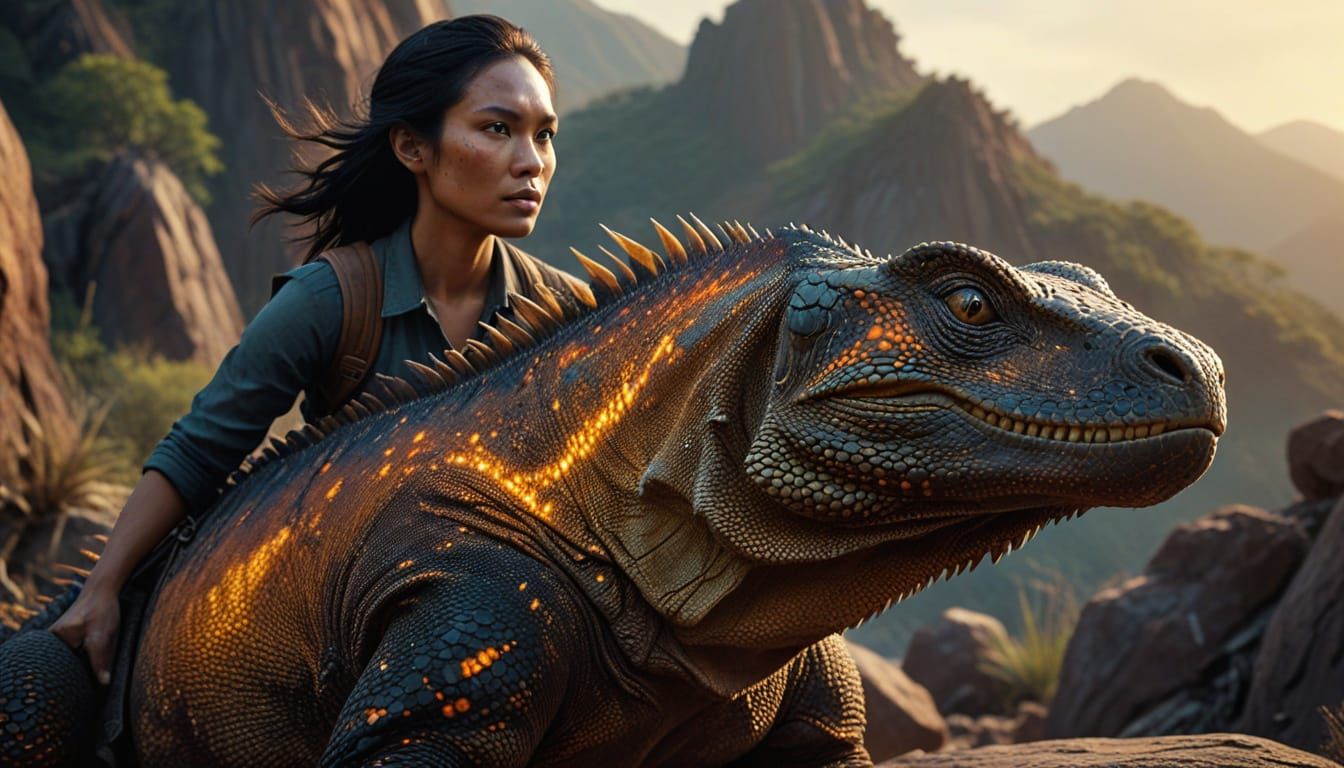 Komodo Dragon Rider: Vivid Oil Painting in Rutkowski Style