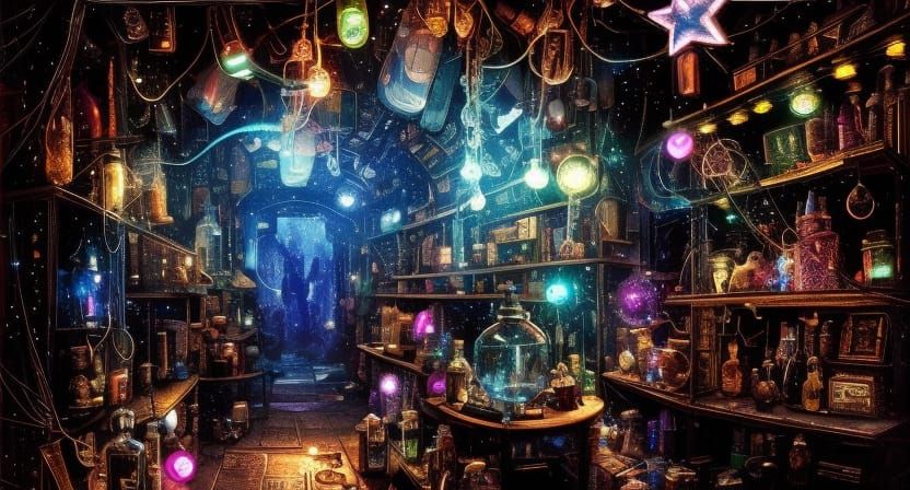Cyberpunk Magic Shop with Potions and Twinkling Stars