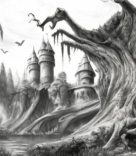 Epic Black and White Castle Charcoal Drawing
