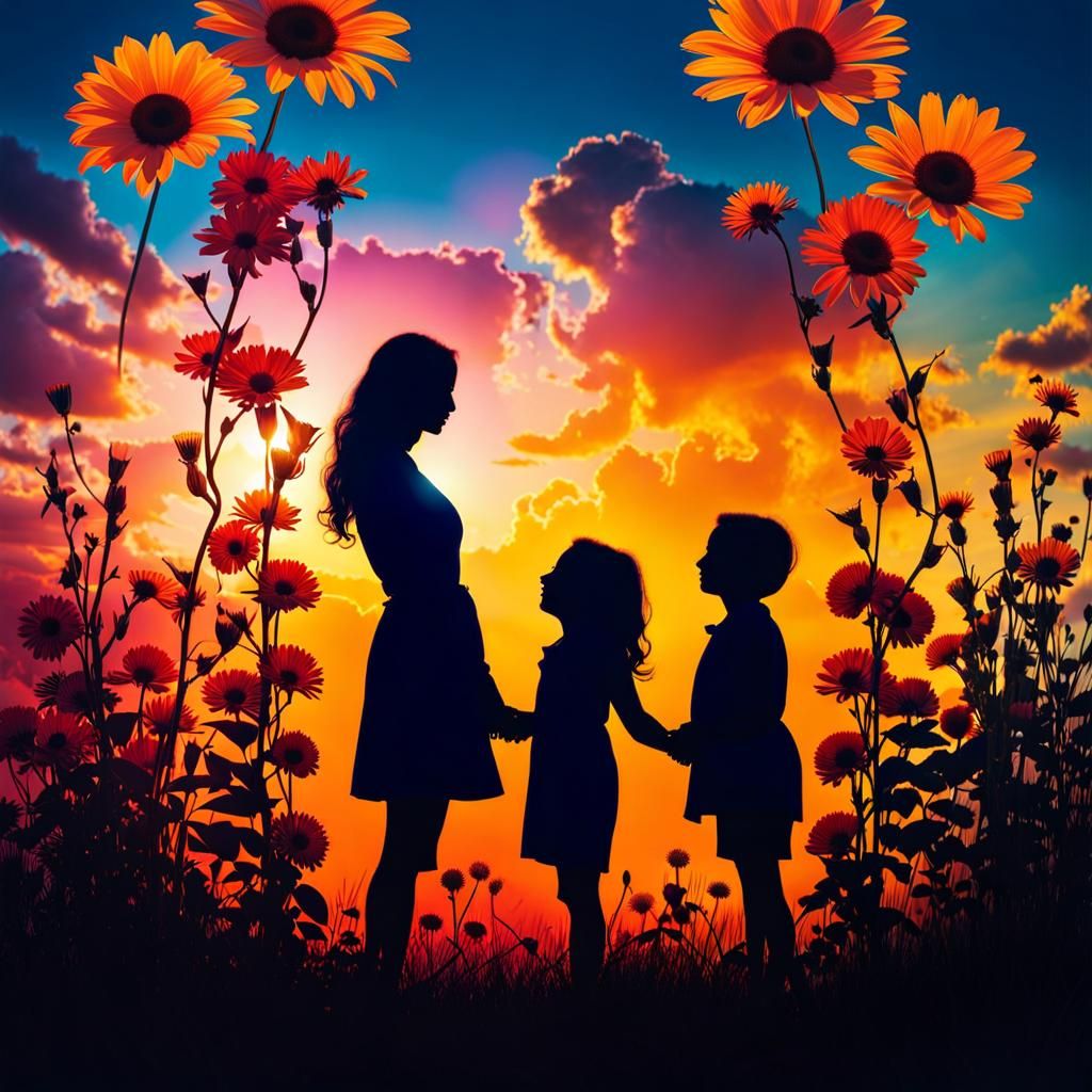 Family Silhouette with Flowers in Double Exposure Art
