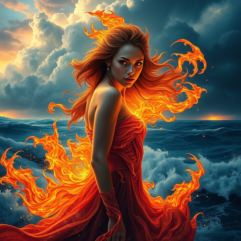 Woman in Flaming Gown Confronts the Tempest
