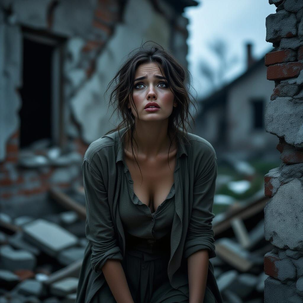 Woman Listens to War Echoes in Ruins