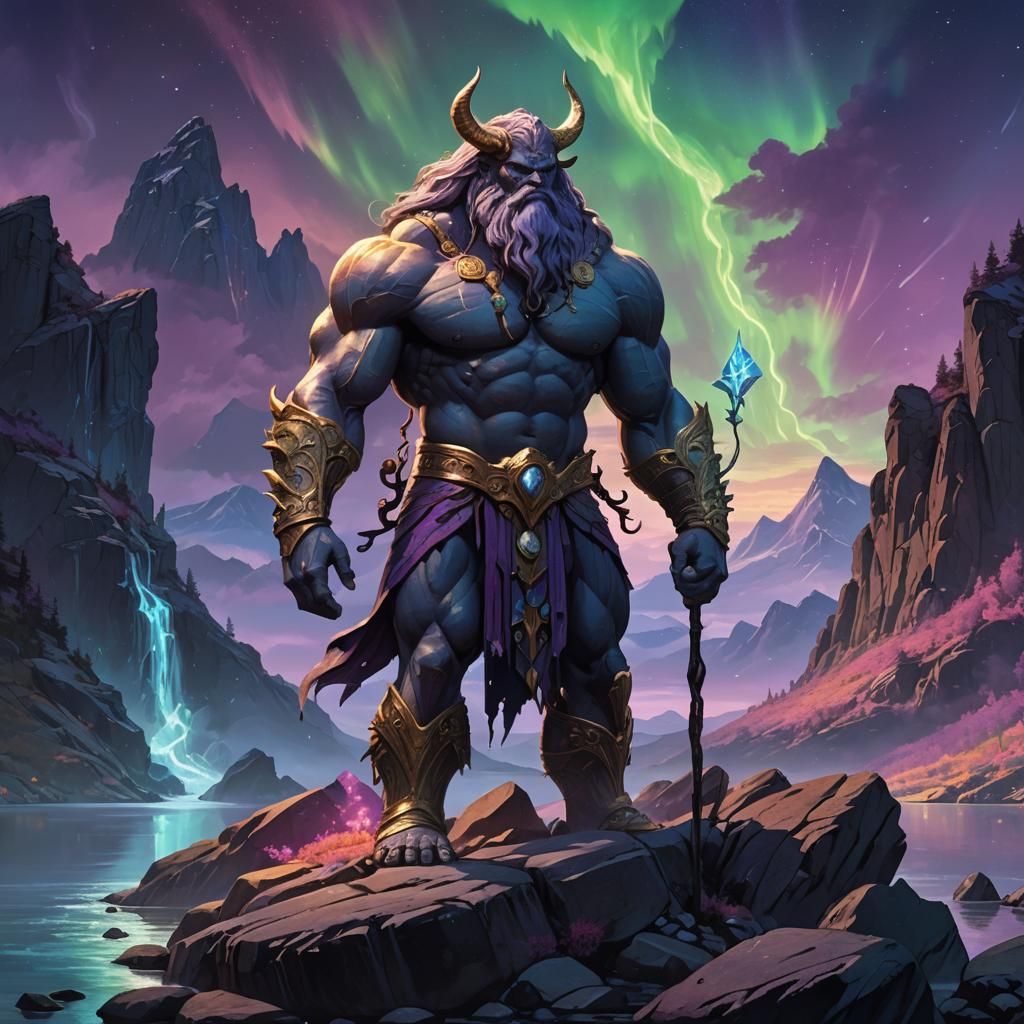 Mythological Giant God at Rocky Lake Edge