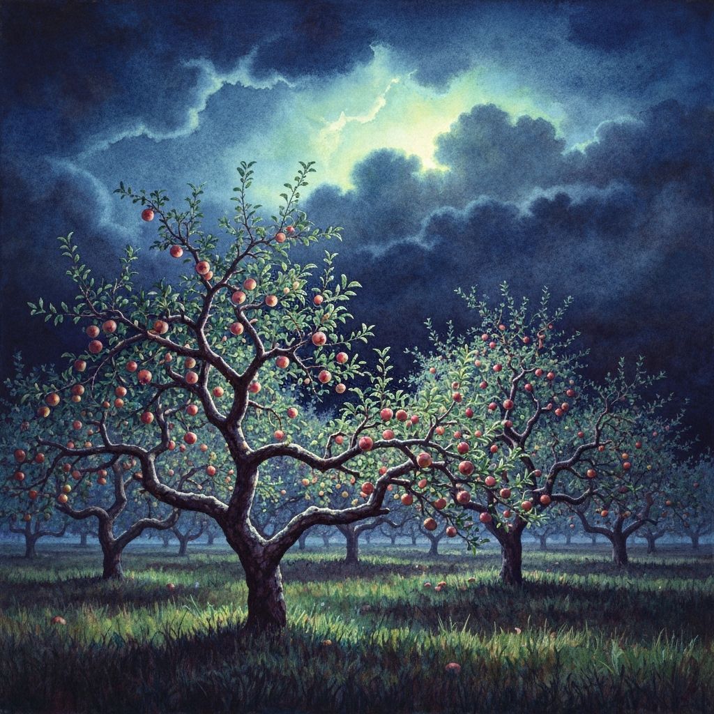 Storm over a field of apple trees