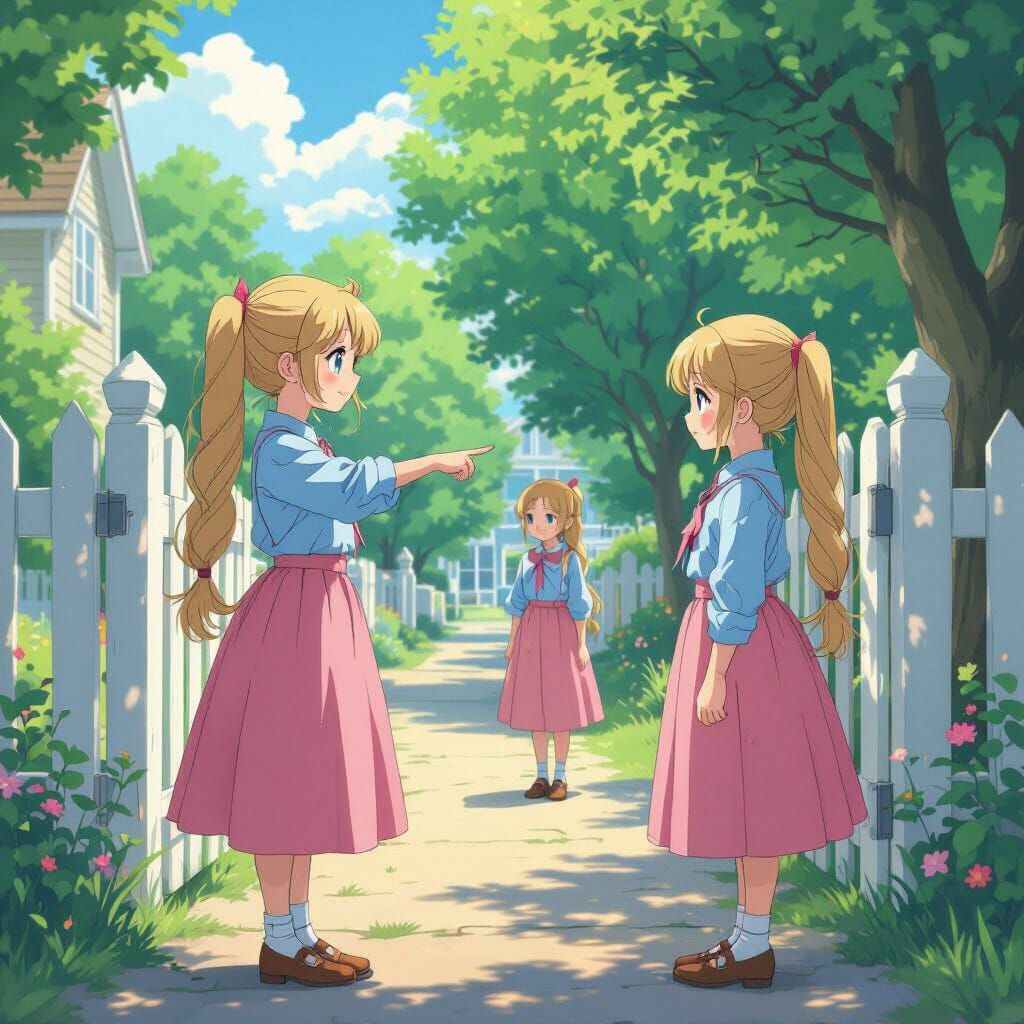 Identical Twins in Pink Skirts and Blue Shirts