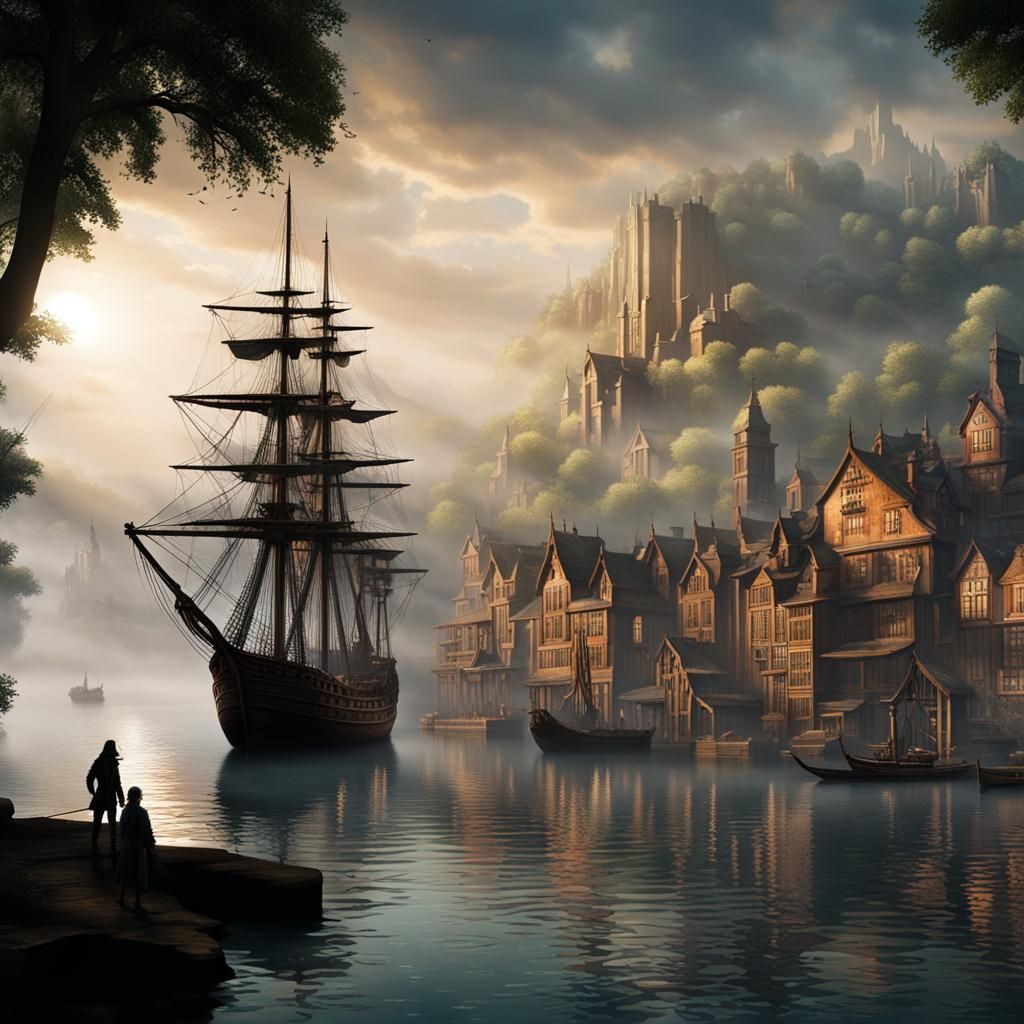 Misty Lake Scene with the Black Pearl Ship