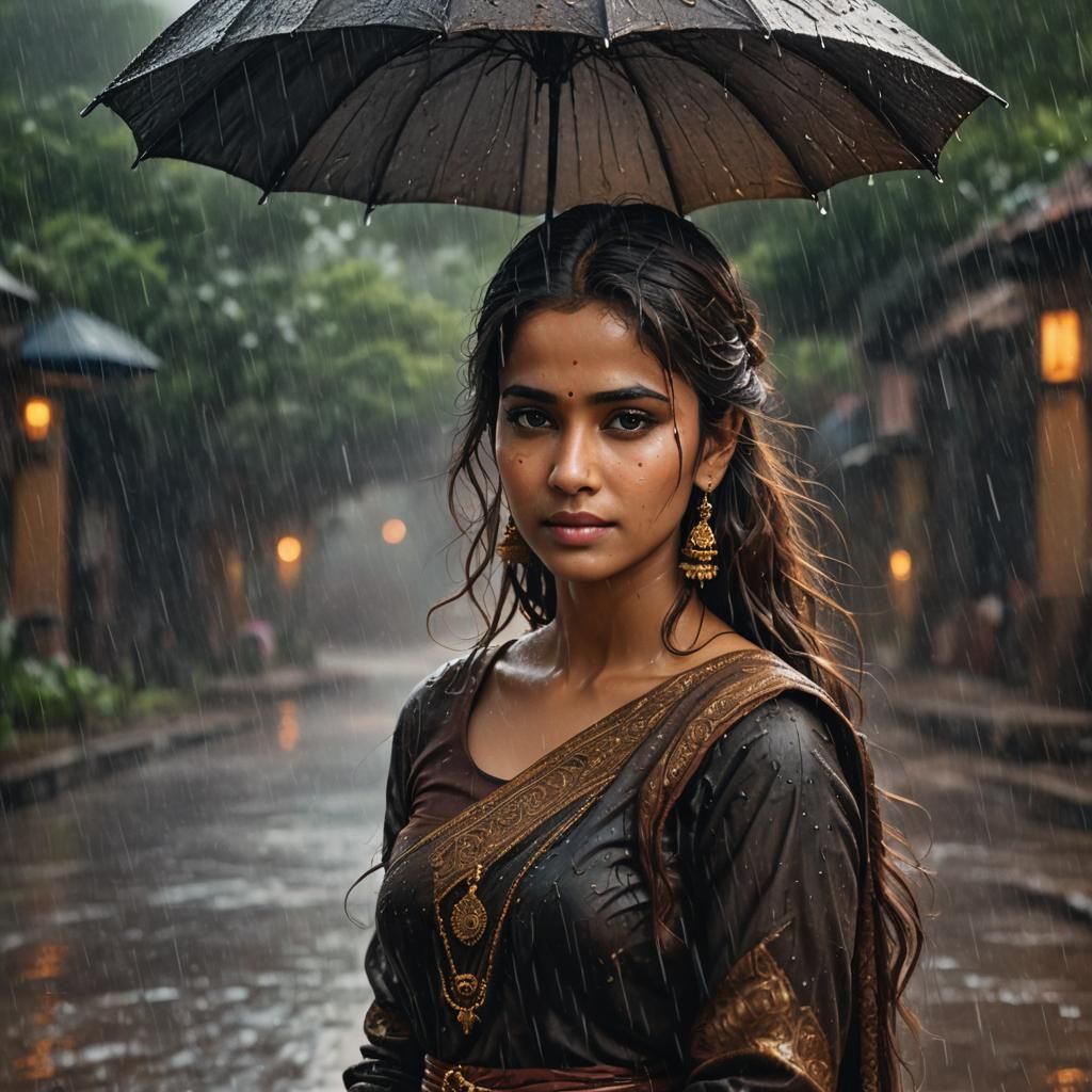 Woman in Pathani Dress in Rain: Fantasy Realism