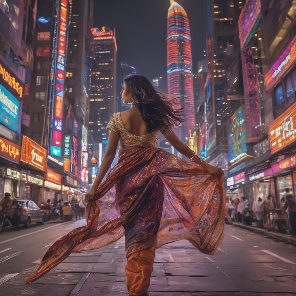 Girl in Sari Runs Through Futuristic City