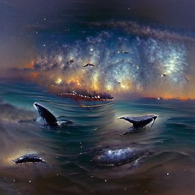 Whales Journey Through the Milky Way as Oil Painting