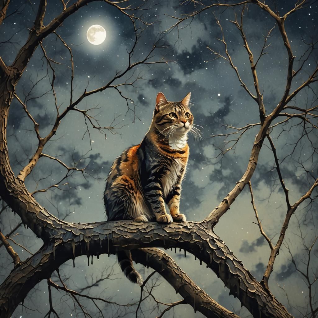 Cat Gazing at Moon with Dripping Paint Effect