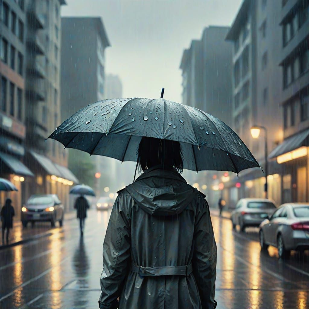 Melancholic Figure in Rainy Cityscape