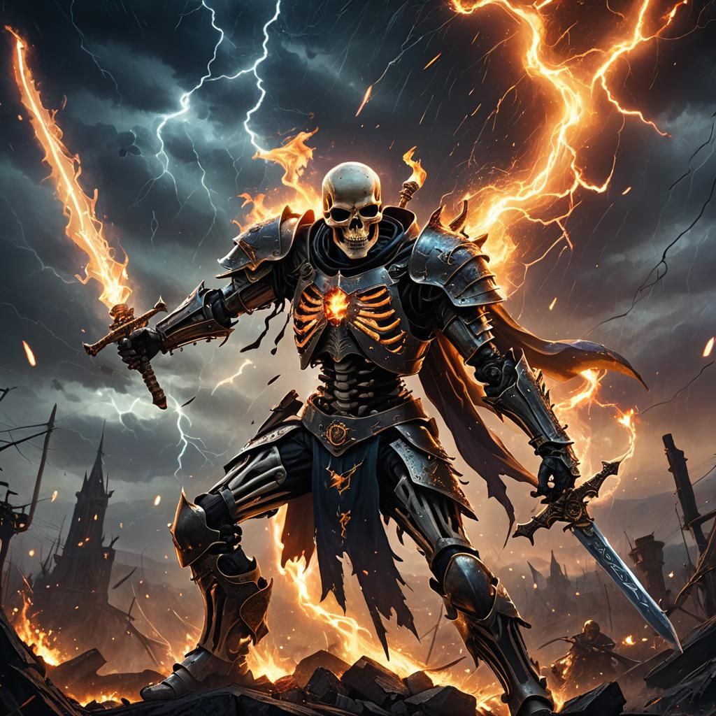Skeleton Warrior Raises Flaming Sword in Storm