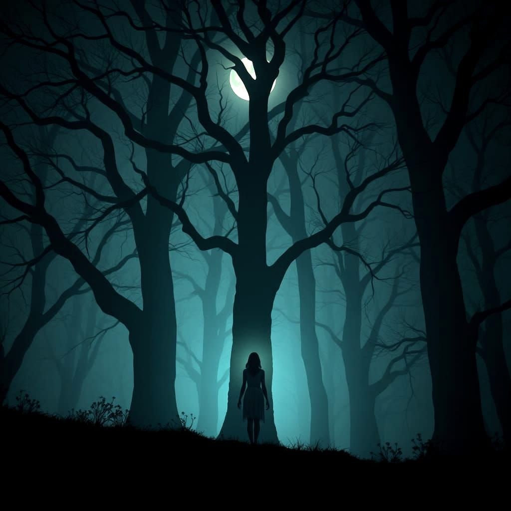 Moonlit Forest Scene with Crows and Waterfall