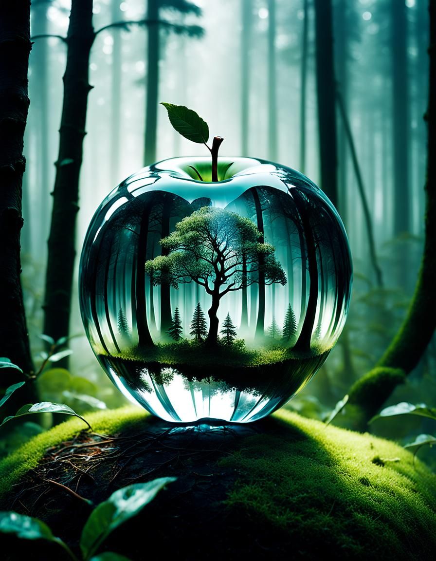 Crystal Apple and Forest Double Exposure Image