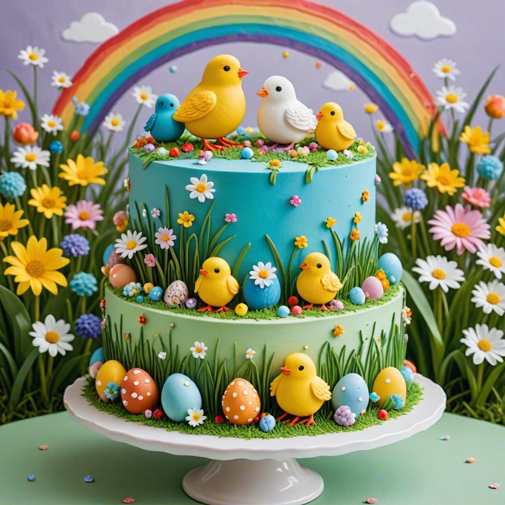 Easter Celebration Cake with Jewels and Rainbow Background