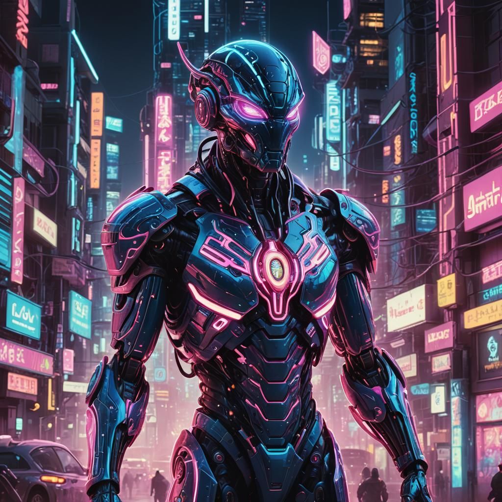 Bioluminescent Cyberpunk Alien Automan in Neon Cityscape