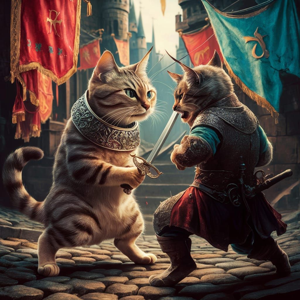 Feline Champion in Sword Fight at Castle