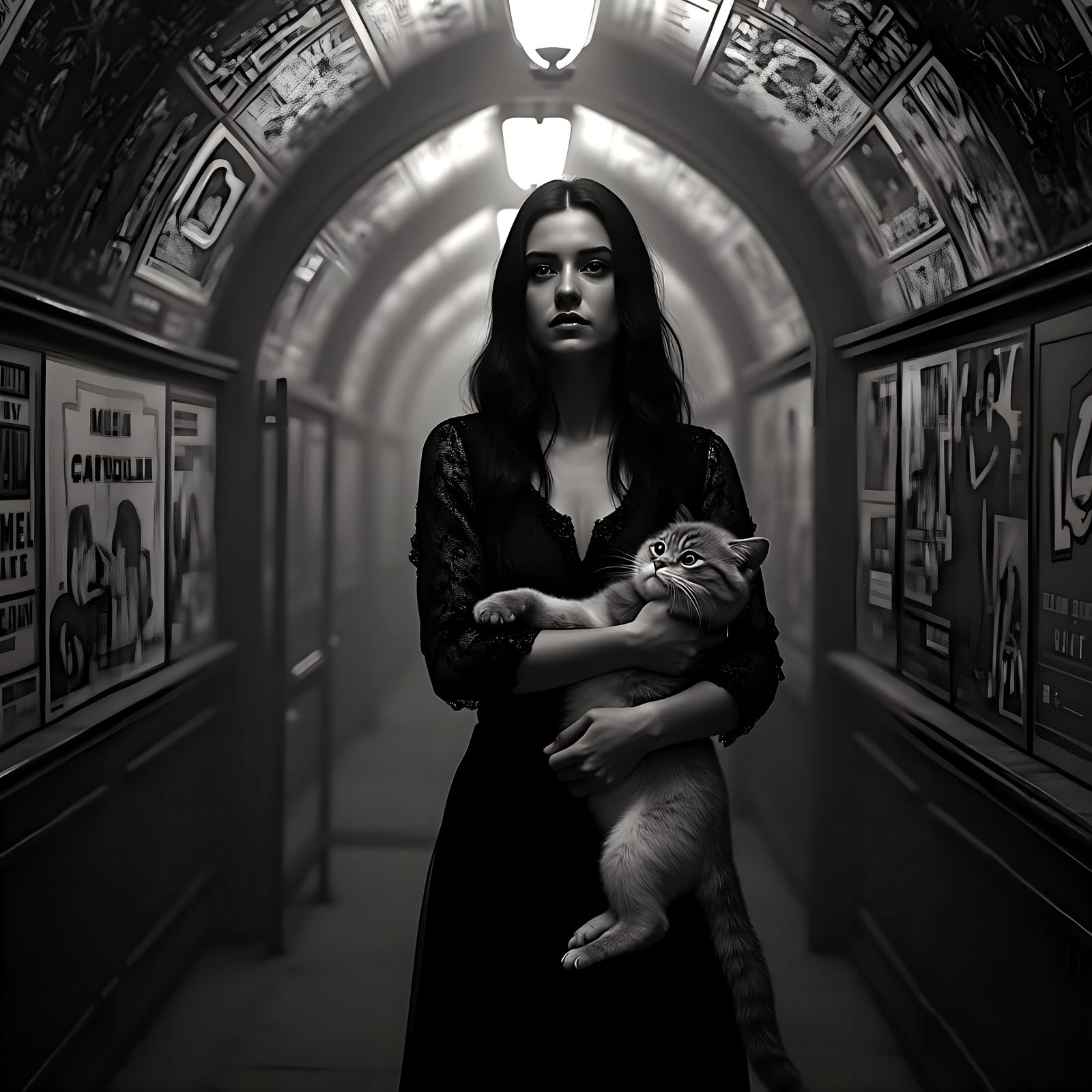 Girl with Cat in 1930s Style on Subway