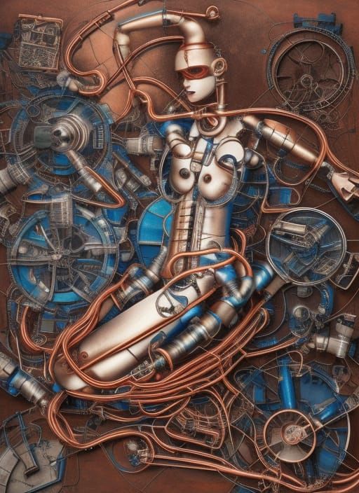 Porcelain Cyborg in Dystopian Wasteland: Copper Engraving