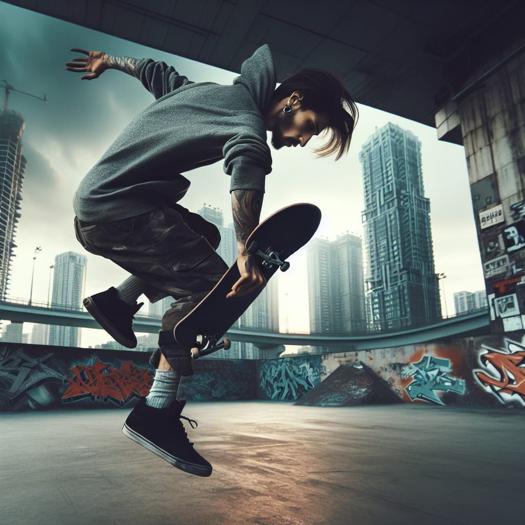 Skateboarder's Mid-Kickflip in Cinematic Urban Scene
