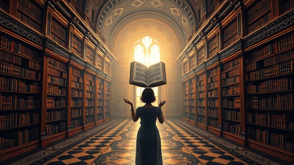 Woman in Library with Levitating Book