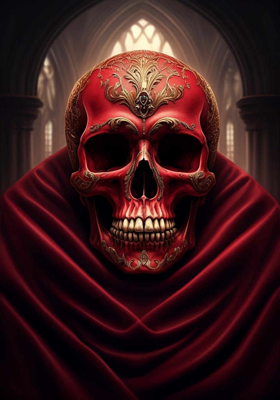 Ornate Red Skull with Golden Embellishments in Gothic Settin...