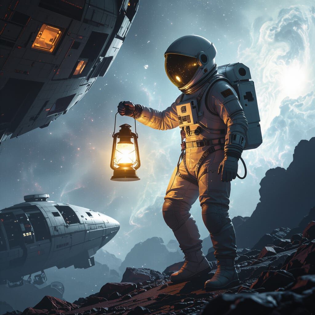 Astronaut Adrift in Space with Glowing Lantern