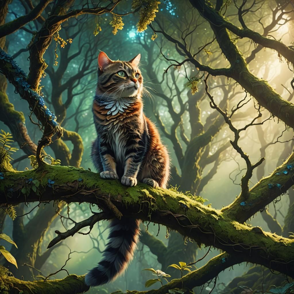 Mystical Forest Cat in Detailed Matte Painting