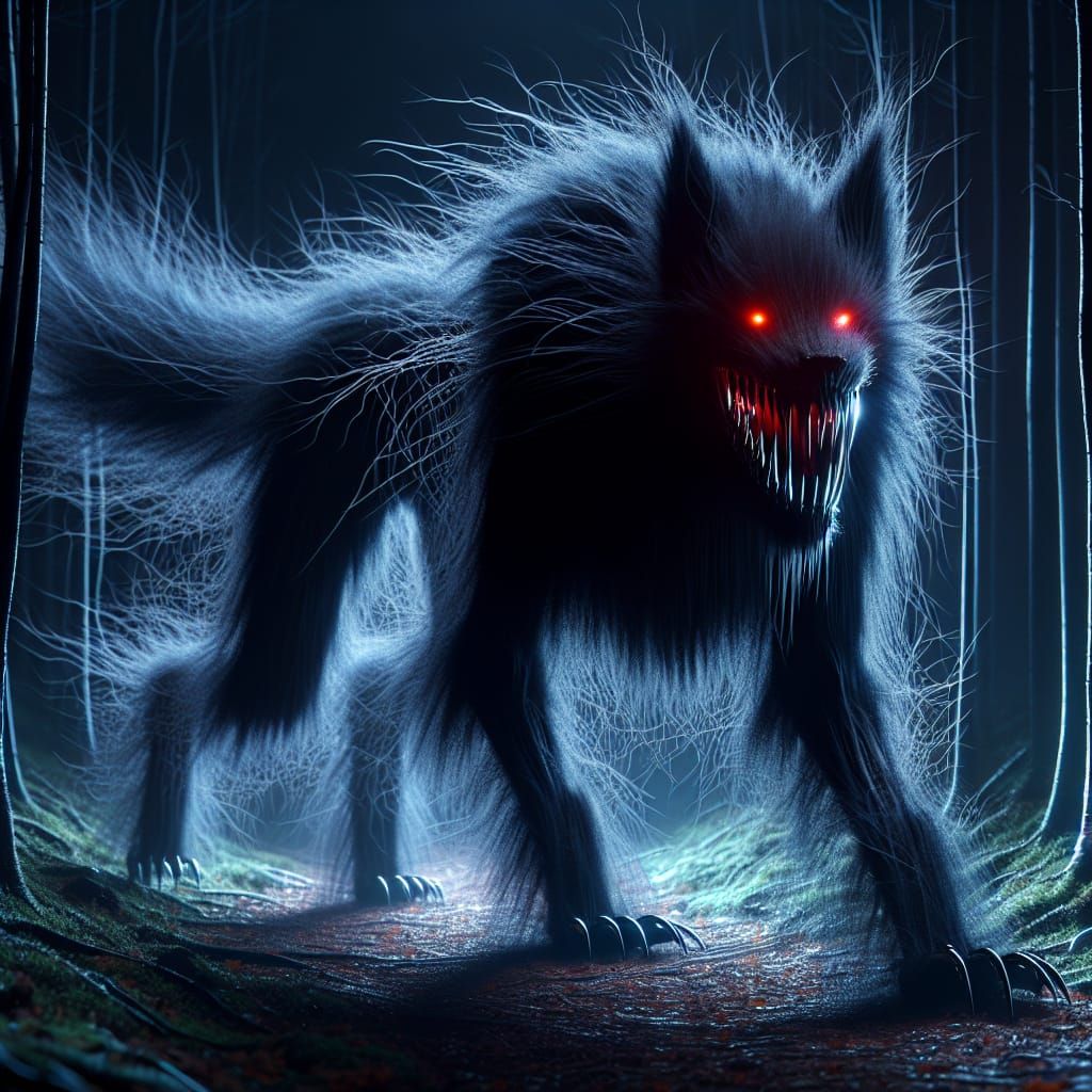 a black spectral transparent creature with fur reminiscent of smoke and cobwebs and bright glowing red eyes and long nee...