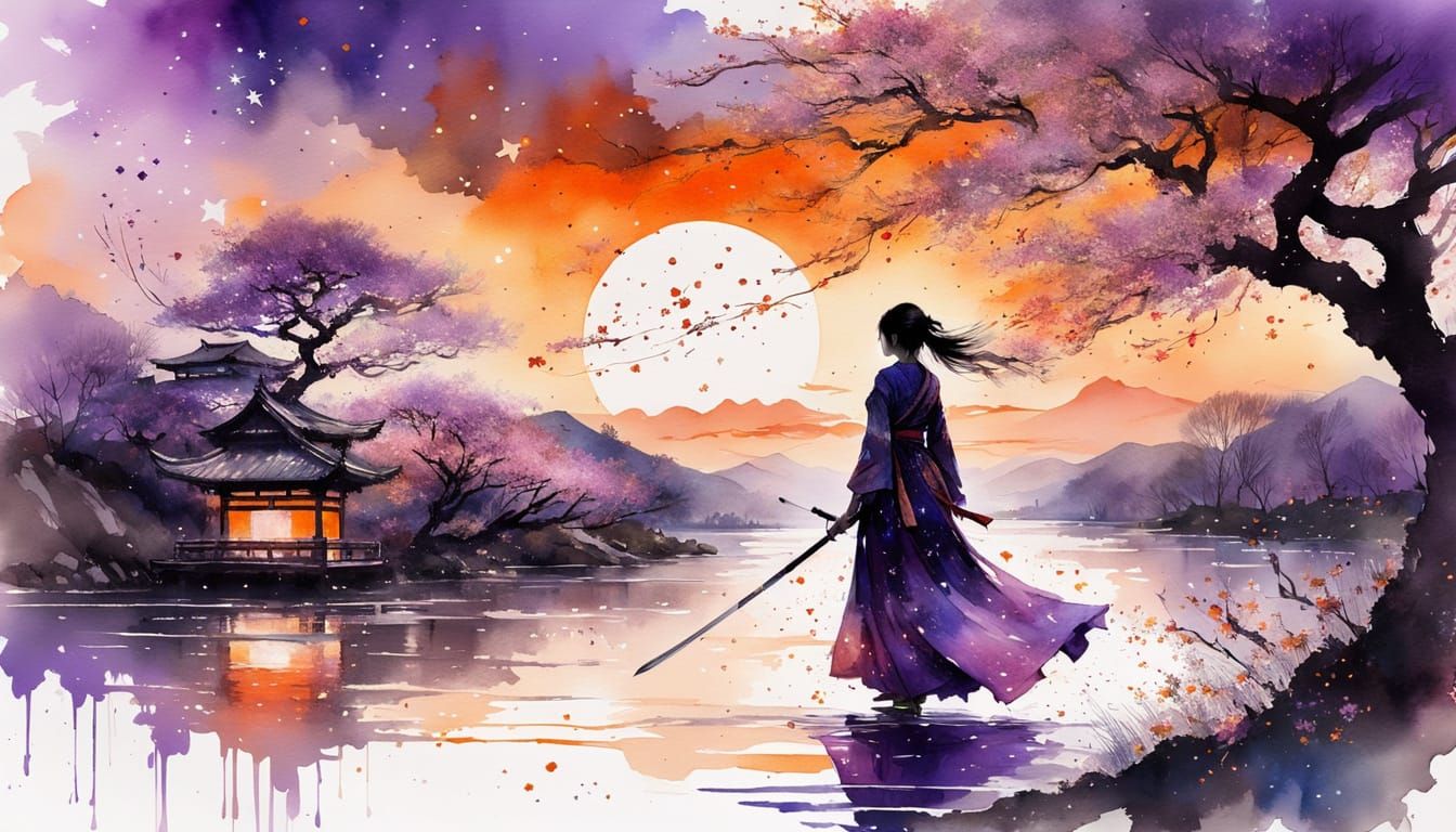 Ethereal Guisha in Sunset Sakura Landscape
