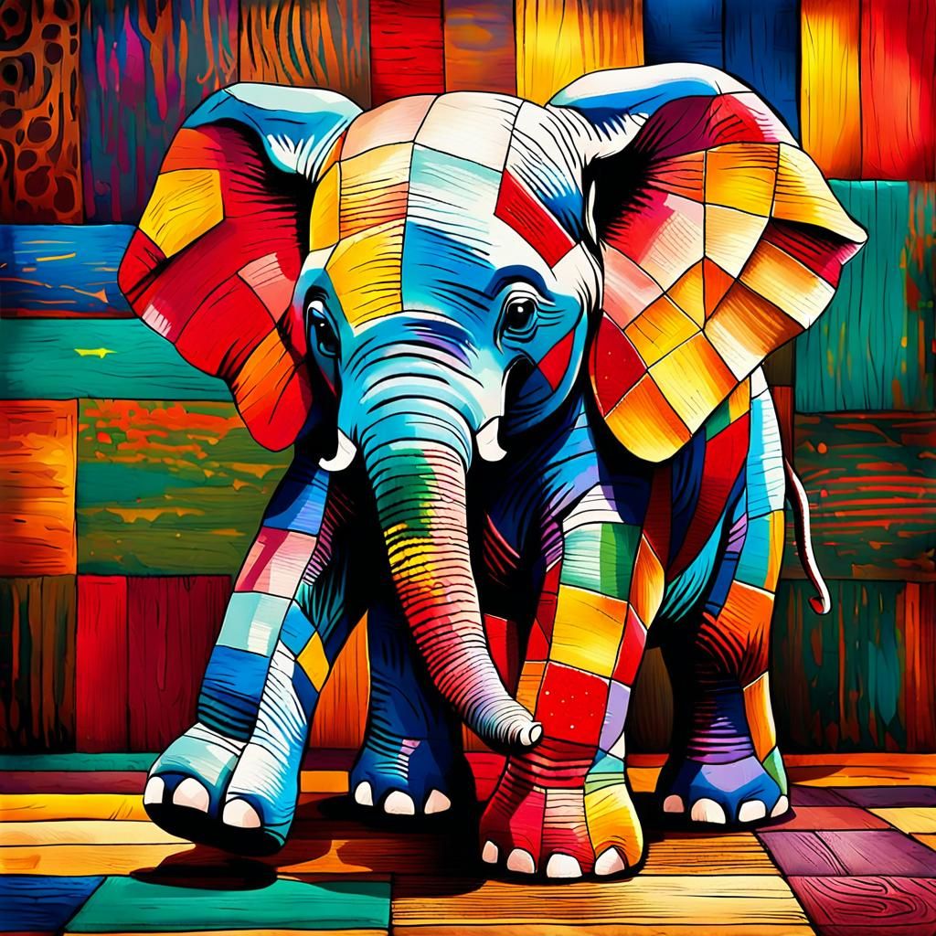 Colorful Patchwork Elephant Falls: Whimsical Illustration