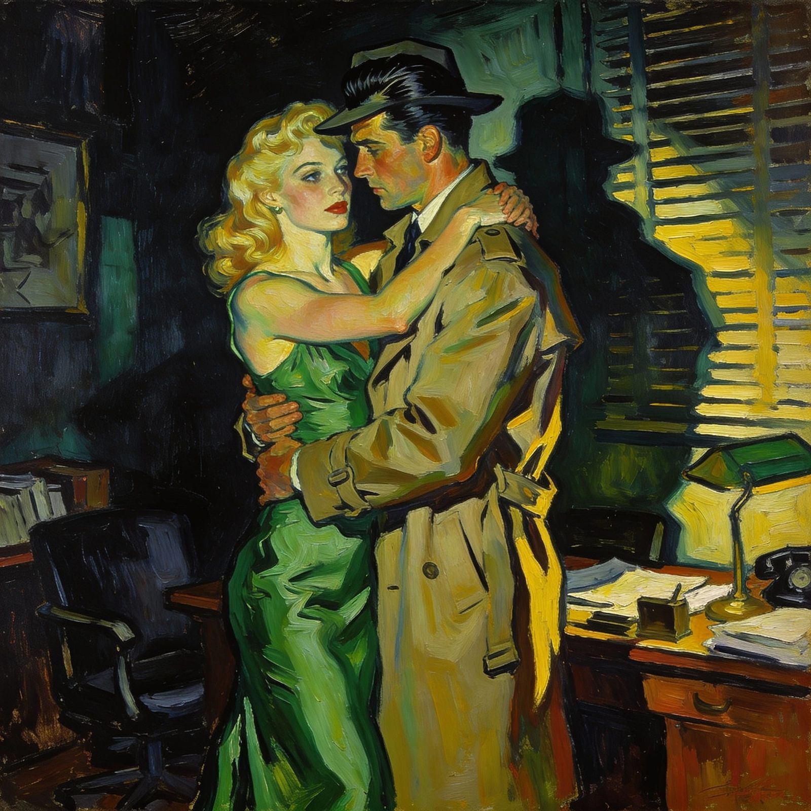 Film Noir Couple in Moody Oil Painting