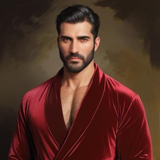 Serene Hunk in Red Velvet Robe, Gouache Style