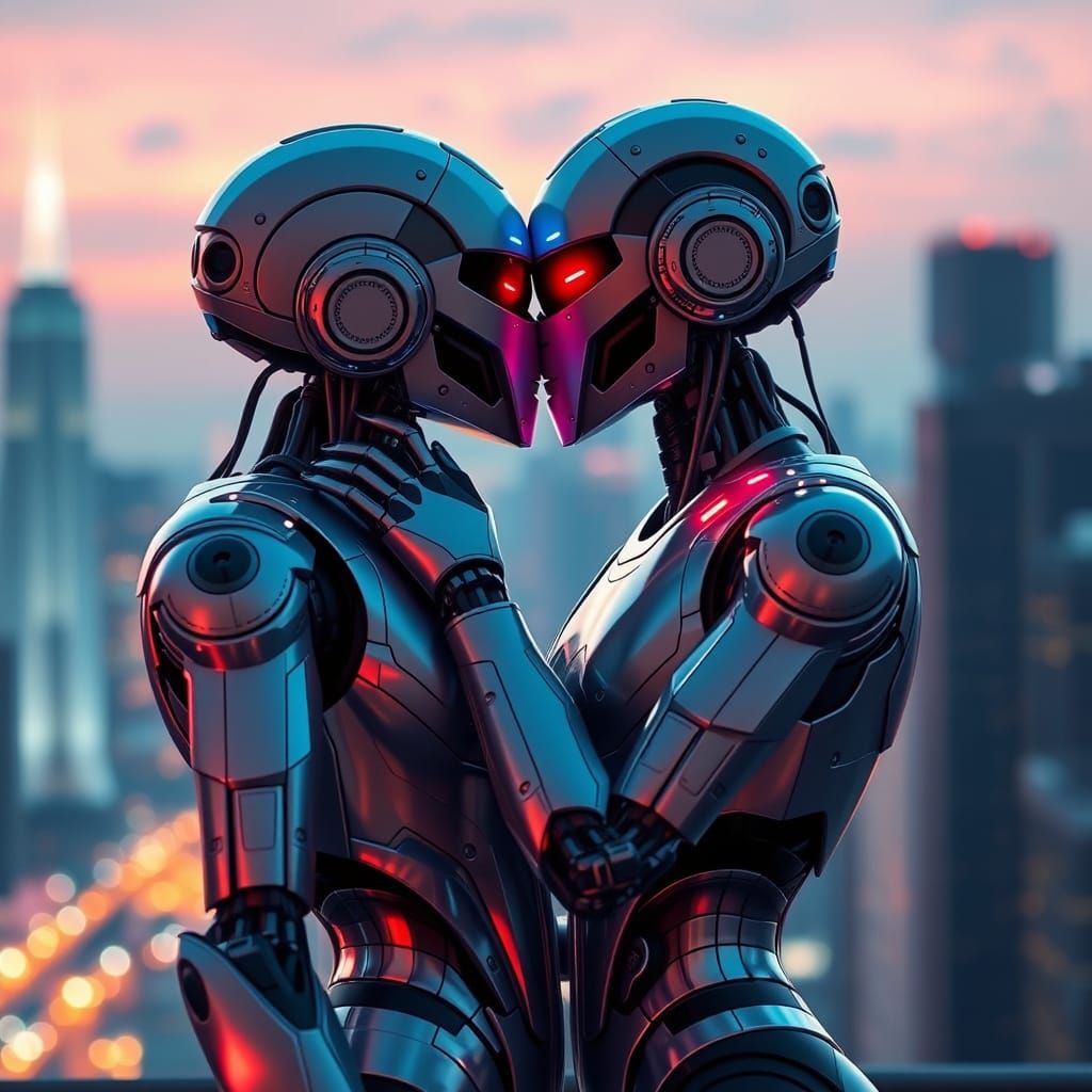 Android Robots Kiss in Futuristic Cityscape