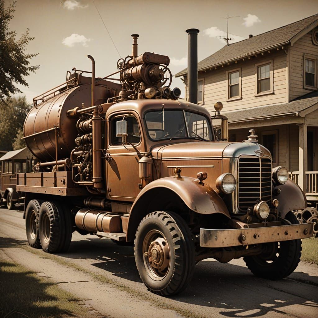 Mack truck pulling a house boat on a trailer 1917s