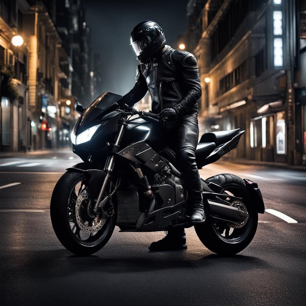Motorcycle Rider in Armor on City Street at Night