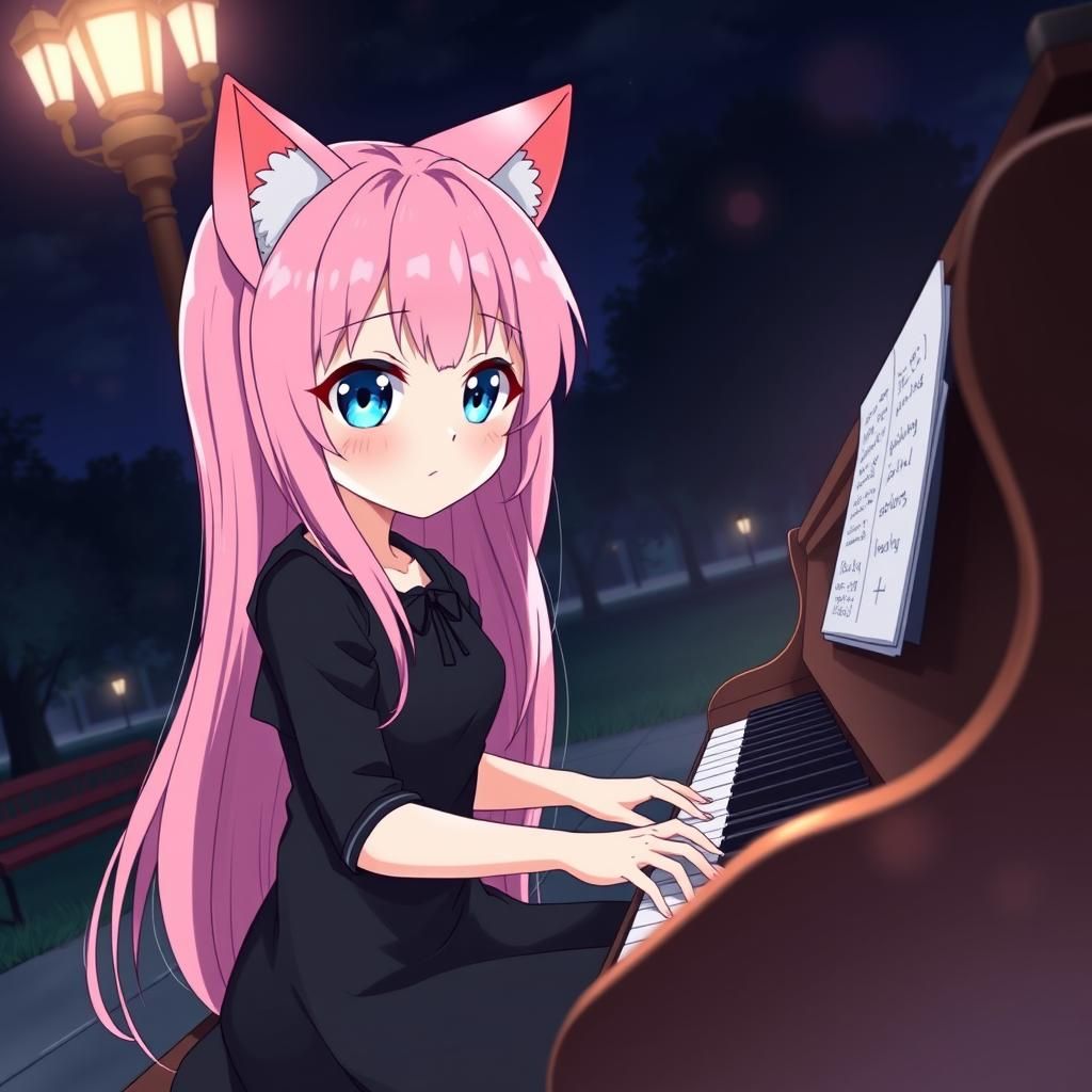 Cute Catgirl Plays Piano in Anime Style