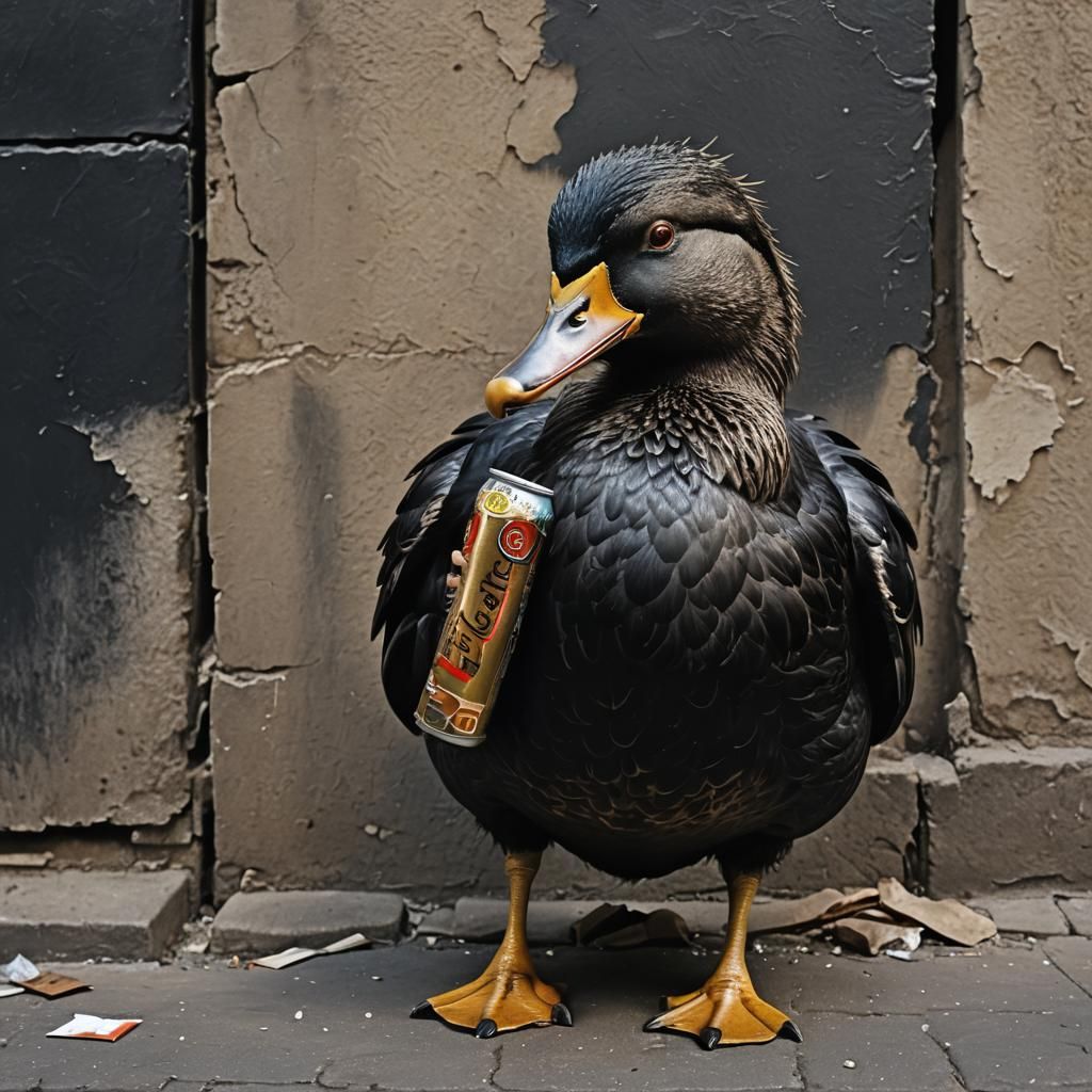Grizzled Duck in Alleyway with Beer and Cigarette