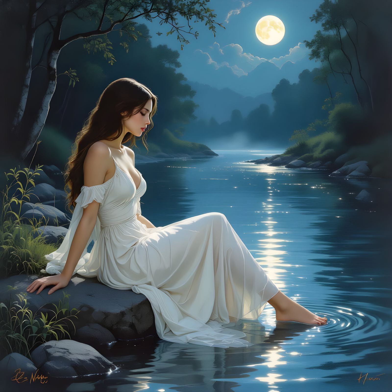 Moonlit River Scene With Woman Relaxing on Bank