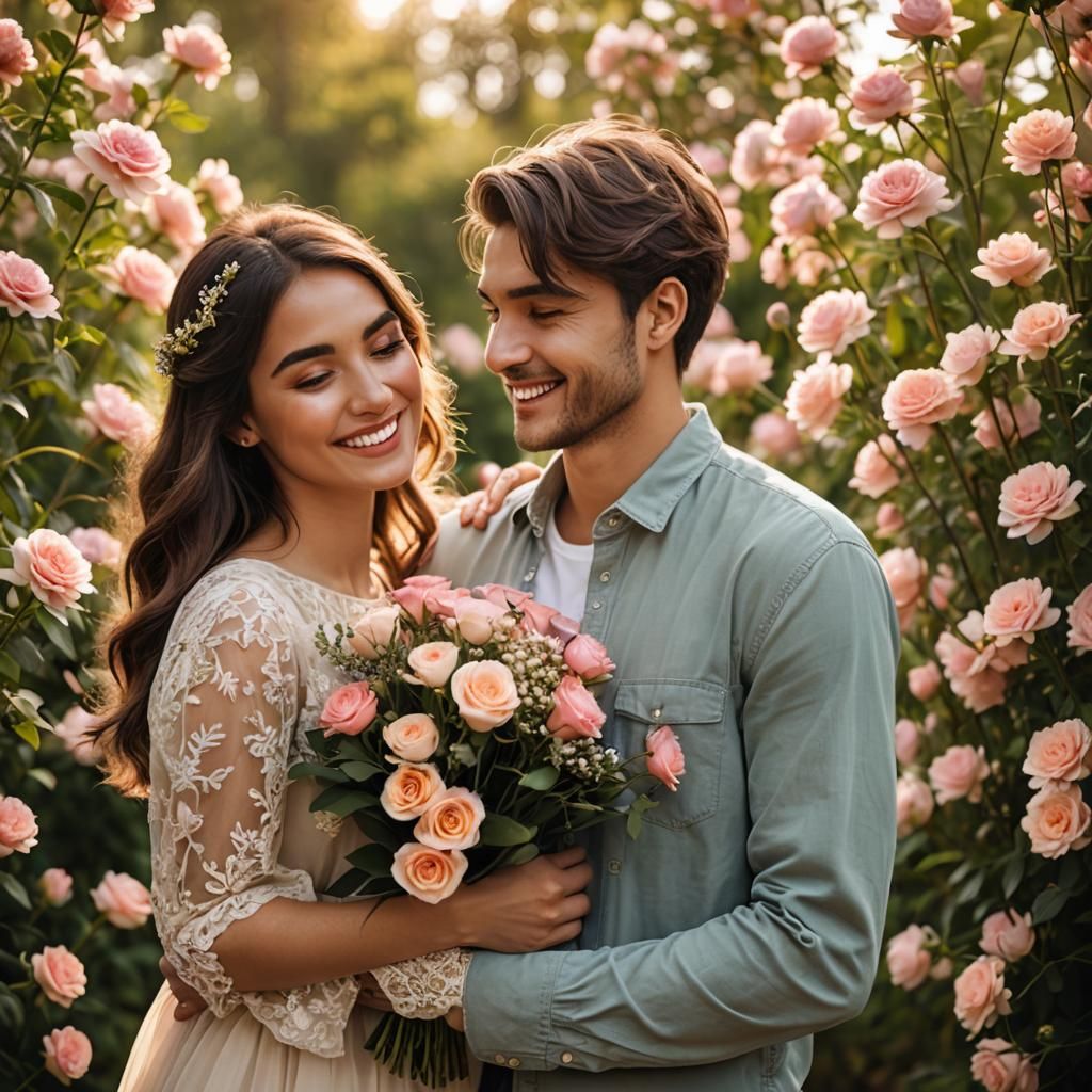 Romantic Portrait: Couple Embracing with Flowers