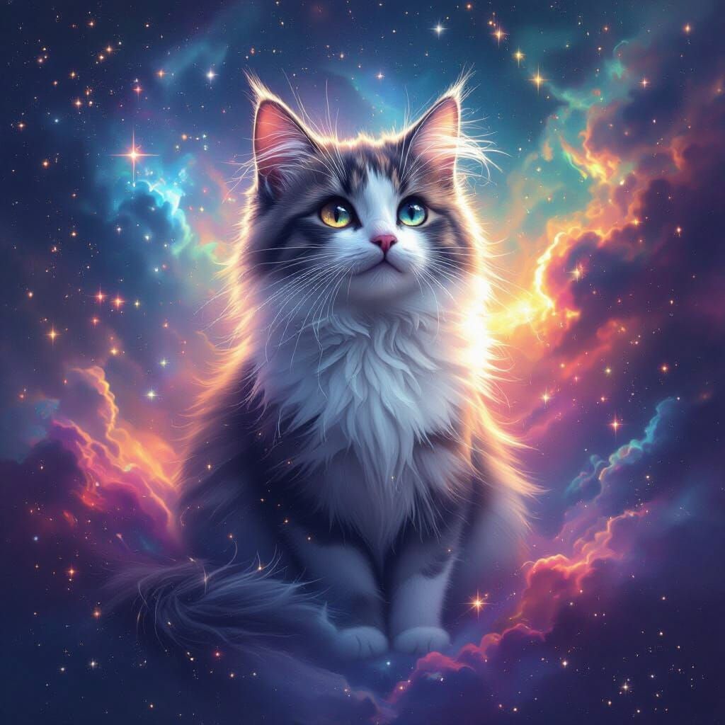 Mystical Cat in Rainbow Nebula with Stars