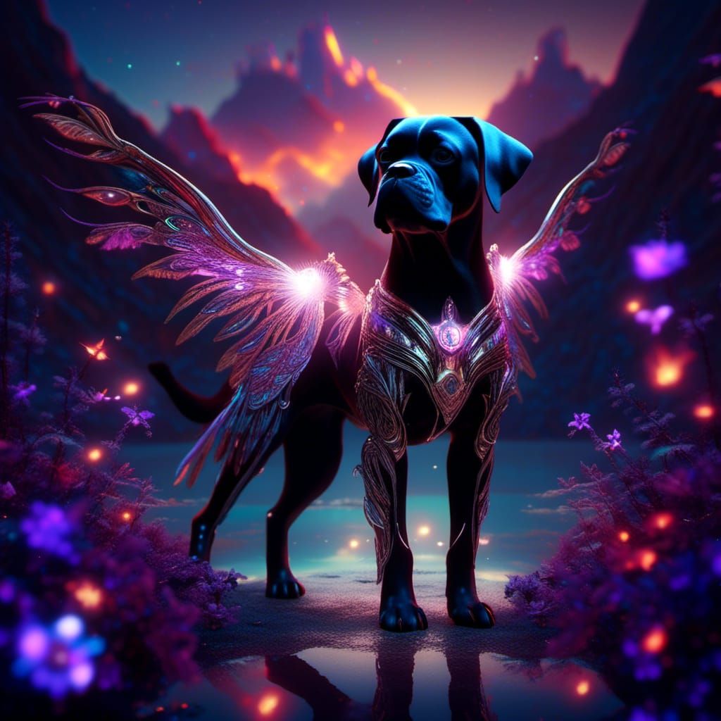 Bioluminescent Boxer with Angel Wings in Fractal Style