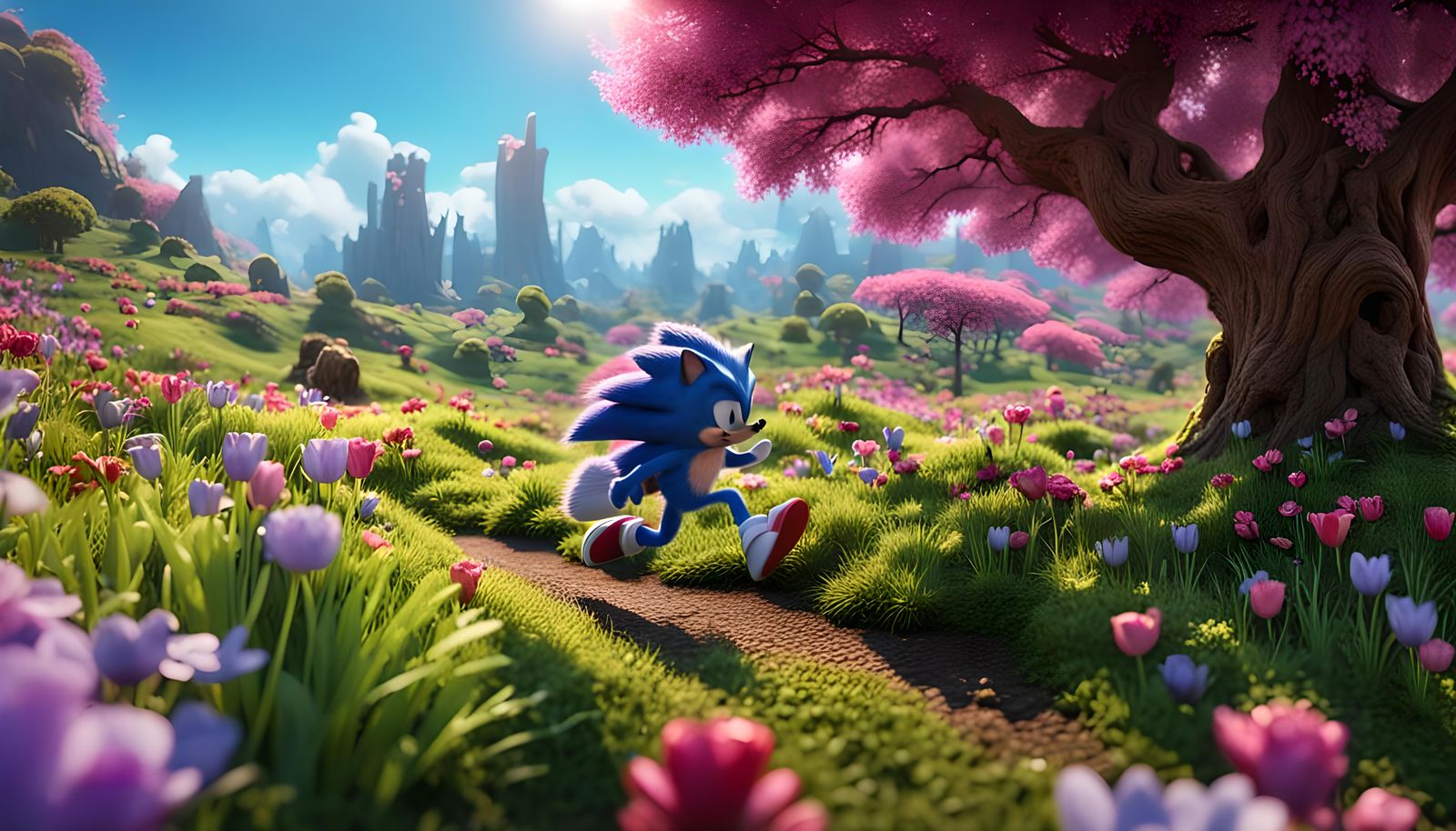 Sonic the Hedgehog in Hyperrealistic Spring Landscape