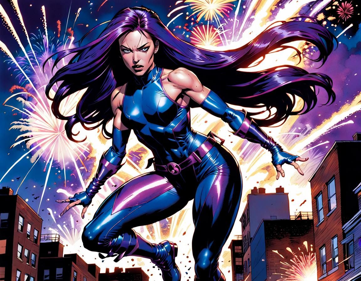 Psylocke Leaps Through the Bronx Night: Acrylic Art