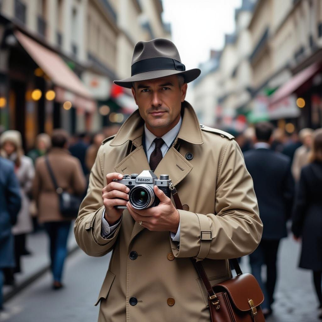Paparazzo in Paris Street with Vintage Nikon Camera