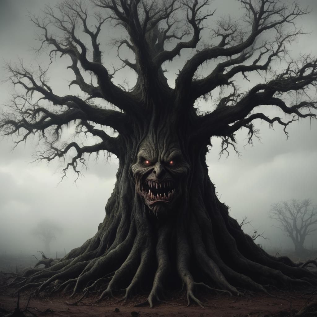 Monstrous Tree with Scary Face in Dark Horror Style