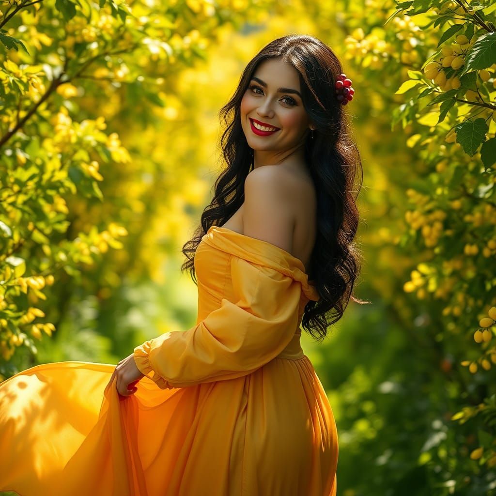 Golden Gown in Lush Garden, Fantasy Art