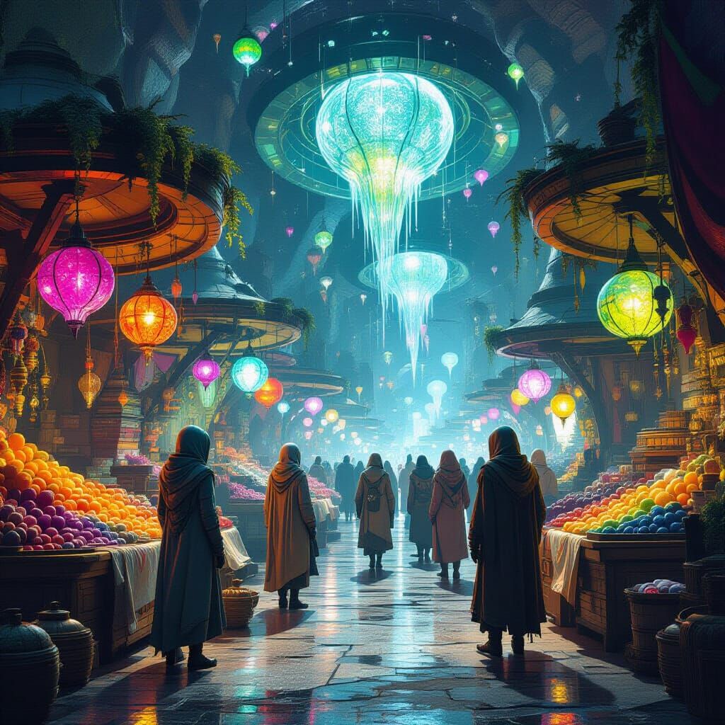 Bustling Alien Market with Bioluminescent Fruits