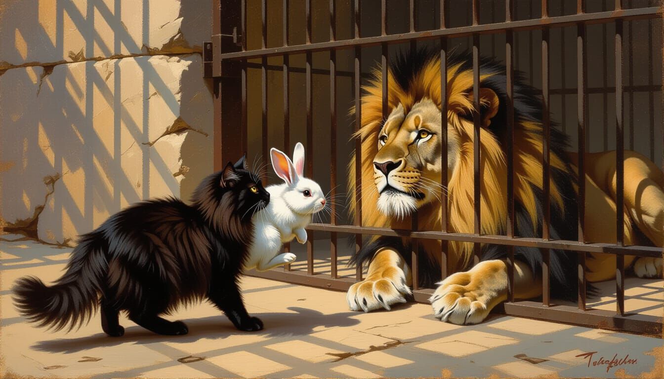 Black Cat Offers Rabbit to Lion in Zoo Cage Oil Painting